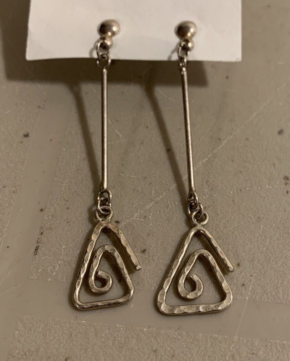 Vintage Hammered Sterling Silver Modernist Geometric Earrings Dangle Drop